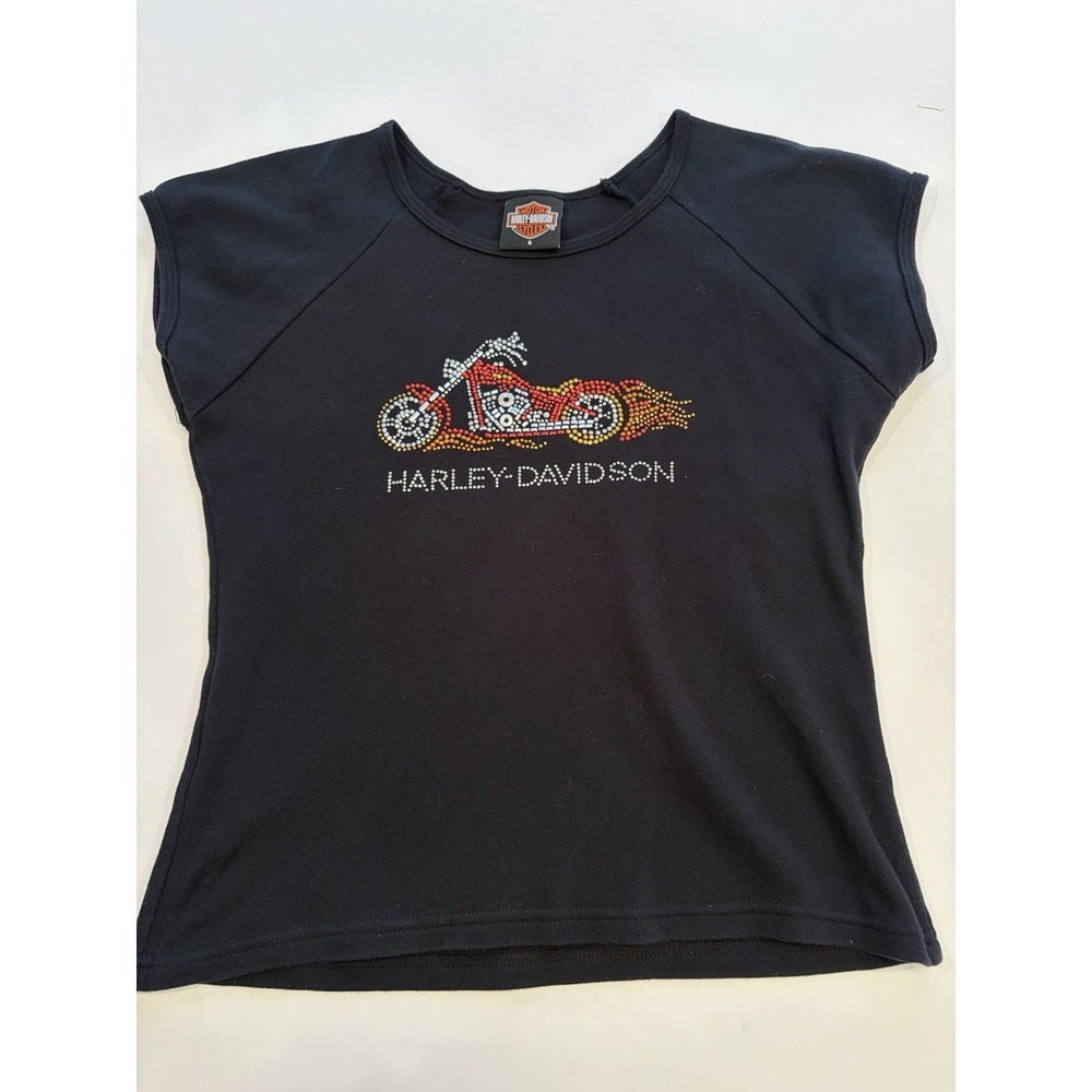 Vintage Harley Davidson Womens L Black Beaded RHINESTONE Mortorcycle RARE
